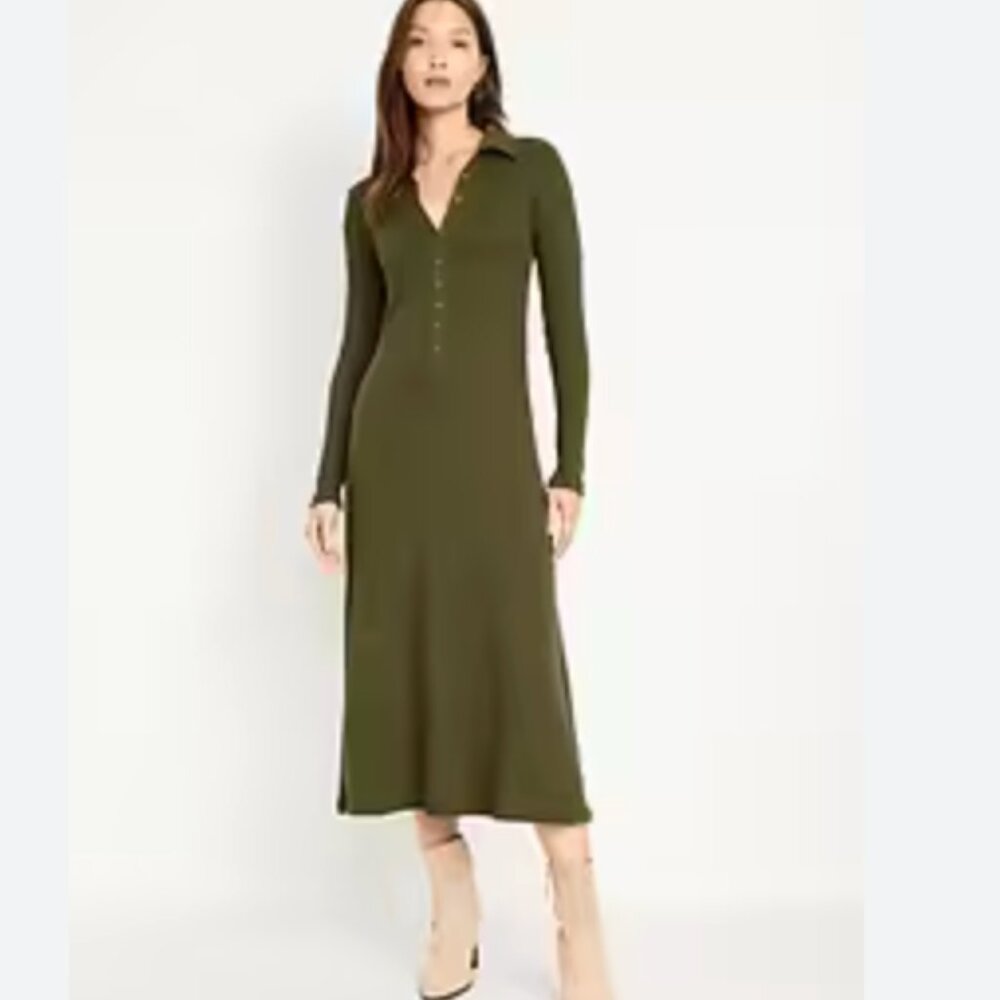NWT Old Navy Fit & Flare Henley Midi Dress Conifer Green XL